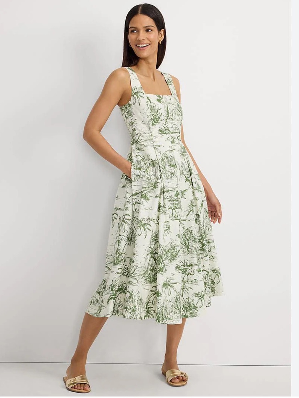 Lands' End Green Toile Square-Neck Midi Dress